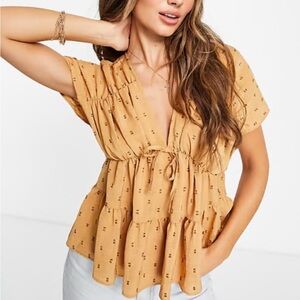 ASOS DESIGN v neck smock top in textured dobby tan
